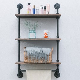 MBQQ 3 Tier Shelving Bathroom Pipe Shelves with Towel Bar Over Toilet, 24 inch Pine Wood Floating Shelves for Wall Mounted Bedroom,Kitchen, Farmhouse, Living Room