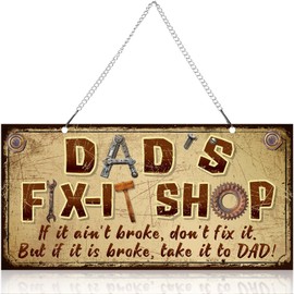 Dad Gifts Papa Gifts 12 x 6 Inch Metal Hanging Vintage Sign Dad's Fix-it Shop Funny Decorative Saying Signs Garage Workshop Decor for Father's Day Birthday Christmas Thanksgiving Day Papa