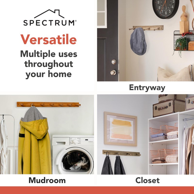 Spectrum Wall Mount 7-Peg Wood Rack Organizer for Bathroom, Kitchen,