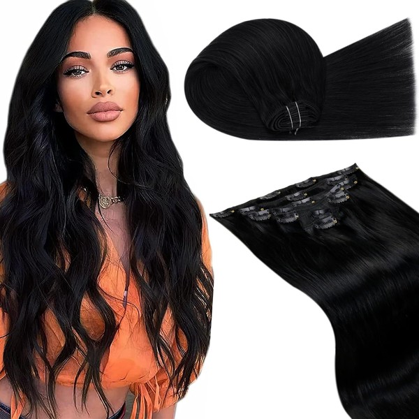 LaaVoo Black Real Hair Clip-In Extensions, Invisible Clip-In Remy Hair Extensions, Straight Black Extensions, Human Hair with Clips, Double Wefts, 7 Pieces, 45 cm, 120 g #1