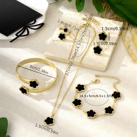 GyovinnJuwanua Lucky Flower Alloy Jewelry - 5Pcs Lucky Flower Design Necklace Earrings Bracelet Bangle Ring Jewelry Set, Clover Gold Plated Chain Wrap Ornament & Plush Pouch for Women (Black)