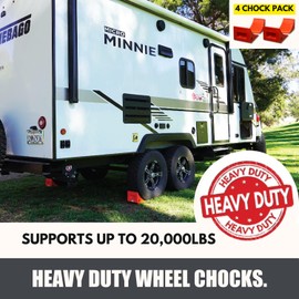 SECURITYMAN 4 Pack Wheel Chocks - Constructed of Heavy Duty Solid Polyurethane Rubber for 20,000 lbs - Great for RV, Camper, Truck, Travel Trailer Wheel Chocks - All Surfaces and All Weather - Orange