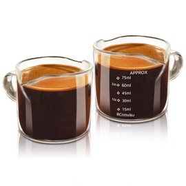 MIWOGA 2 PACK Espresso Glass Measuring Cup with Handle, 75ML Espresso Shot Glass Cup with Dual Scale, Espresso Shot Cup with V-Shaped Mouth, Clear Glass Milk Frothing Pitcher, Espresso Accessories