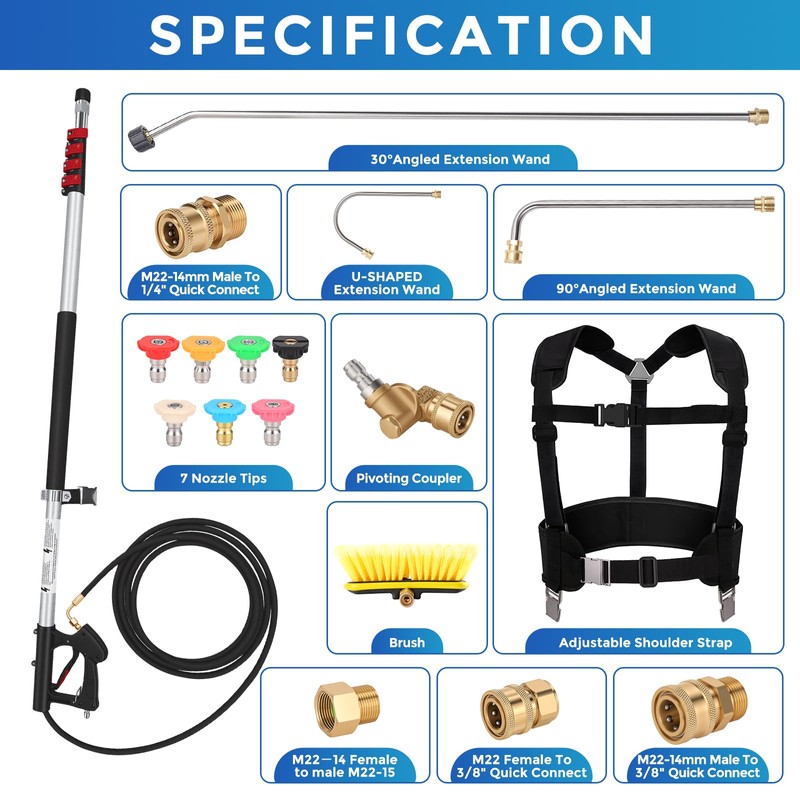 24 FT Telescoping Pressure Washer Wand with Brush, Gutter Cleaning