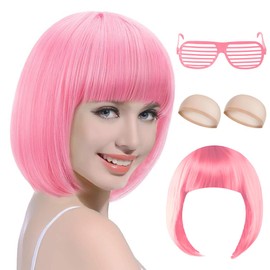 Women's Bob Wig, Carnival Wigs, Short Wig with Neon Glasses and Hair Net, Fancy Dress Wig for Carnival and Theme Party, pink