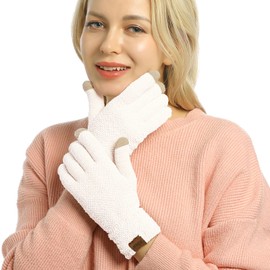 ViGrace Winter Touchscreen Gloves for Women Chenille Warm Cable Knit with 3 Touch Screen Fingers Texting Driving Elastic Cuff Thermal Glove(White,Large)
