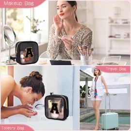 LOFOWN Initial Clear Makeup Bag Small Cosmetic Bag Travel Toiletry Bag Clear Zipper Pouch Purse Organizer Bags for Women, Black, T, Initial Small Makeup Bag