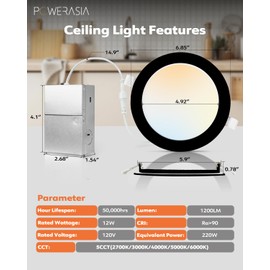 12 Pack Recessed Lighting 6 Inch with Junction Box, 5CCT 6 Inch Black LED Recessed Lights Dimmable 2700K/3000K/4000K/5000K/6000K, 15W1200lm Ultra Thin Recessed Lighting - ETL and Energy Star Certified