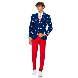OppoSuits Men's Stars and Stripes Party Costume Suit, Blue/Red/White, 36