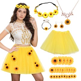 Angenster Women's Sunflower Costume Set, Carnival Costume Sunflower Costume with Tulle Skirt, Yellow Sunflowers Hair Accessories and Necklaces, Women's Flower Costume for Carnival Fancy Dress Theme