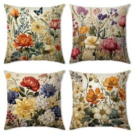 Spring Floral Throw Pillow Covers 18x18 Colorful Wildflowers Velvet Pillow Covers for Couch Bed Sofa Rustic Garden Flowers Throw Pillowcase Fluffy Pillow Cover for Living Room Bedroom Home Decoration