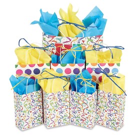 Current Happy Birthday Gift Bag Value Pack- 40 Piece Wrapping Set, 8 Gift Bags in 3 Sizes, 2 Colors Tissue Paper, 12 Raffia Strand Ribbons