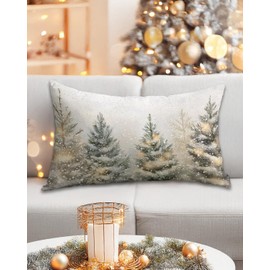 Christmas Tree Pillow Cover 12x20 – Vintage Snowy Pine Winter Decor Throw Pillow Case – Farmhouse Holiday Cushion Cover for Sofa or Couch