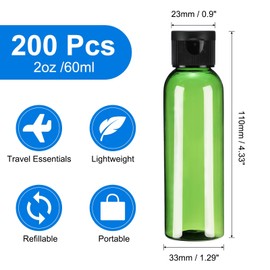 uxcell 2 Oz Plastic Bottles with Flip Caps, 200 Pcs Reusable Travel Size Containers with Lids Plastic Squeeze Refillable Dispensing Bottles for Shampoo, Body Soap, Toner(Green Black)