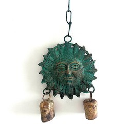Metal Sun Wind Chime with Cow Bells – 12.6" x 4.6", Green Patina & Copper Finish, Celestial Garden Decor for Patio, Porch, or Balcony