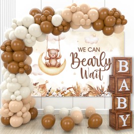 Teddy Bear Baby Shower Party Decorations - Wood Grain Boxes with Baby Letters, 90PCS Brown Nude and Brown Balloons, Boho Backdrop “We Can Bearly Wait” for Baby Shower, Gender Reveal,Birthday Party
