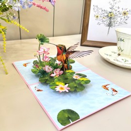 Pop Up Birthday Cards for Women, Hummingbird 3D Birthday Card, Beautiful Hummingbird and Lotus with Koi Fish Design, Pop Up Cards All Occasion for Mother, Mom, Her, Granmother and Daughter, Mothers Day Card