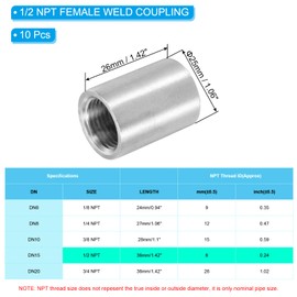 PATIKIL 1/2" NPT Female Weld Coupling, 10 Pack 316 Stainless Steel Threaded Half Coupling Weld On Bung Fittings Connector for Pipe Fuel Tank