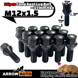 ARROW 16x Black M12x1.5 Cone Seat Lug Bolt 28mm Shank/17mm Hex/23mm Flange Size