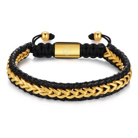 WP WEPICK Mens Bracelet Leather 18K Gold Plated Stainless Steel Cuff Adjustable Handwoven Braided Leather Bracelets for Men Franco Chain Link Jewelry Gift for Husband Dad