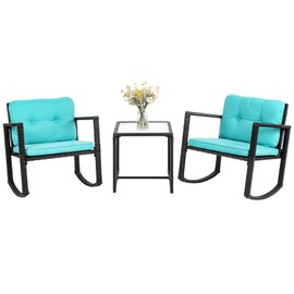 FDW 3 Pieces Rocking Bistro Set Outdoor Conversation Sets Rattan Patio Furniture Wicker Rocking Chairs with Blue Cushions and Glass Coffee Table for Balcony Poolside Garden Patio Porch Backyard