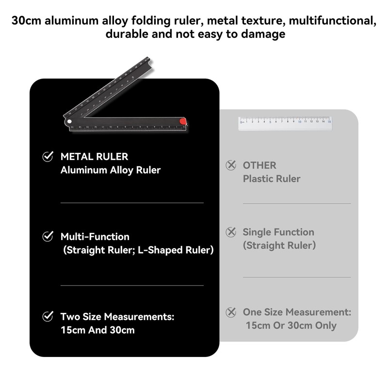 30cm Folding Ruler, 90° Foldable Metal Aluminum Ruler 0-300mm Length