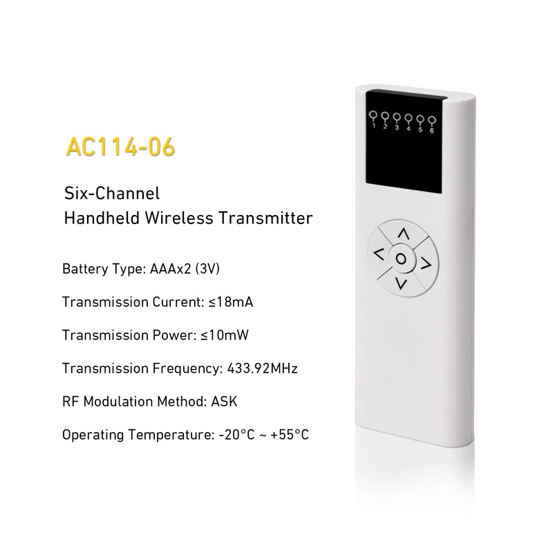 Sortfle AC114-06B Blinds Remote Control，6 Channel RF Transmitter(433.92Mhz) for Electric
