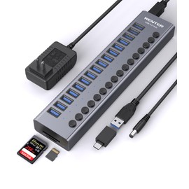 Powered USB Hub - WENTER 16 Ports USB 3.0 Hub, 5 Gbps Data Port, Aluminum Housing, Individual On/Off Switches, 12V/3A Power Adapter, Multiport Powered USB 3.0 Hub for PC, Laptop, Computer, Mobile HDD