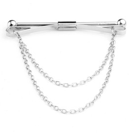 PiercingJak Mens Silver Tone Metal Shirt Tie Collar Bar Pin Stud Bar Clip Clasp Brooch Necktie Clip Bar Chain for Wedding Business