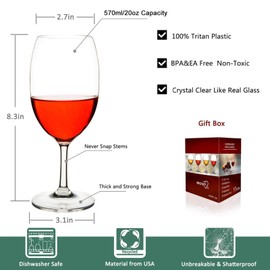 MICHLEY Unbreakable Wine Glasses, 100% Tritan Plastic Shatterproof Large Wine Glasses 20 oz, Set of 4