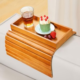 Kssiaz Couch Arm Tray, Bamboo Sofa Tray Table for Couch, Sofa Armrest Table, Anti-Slip Armrest Organizer, Foldable Couch Cup Holder for Snacks, Phone, Control, Cups, Light Brown
