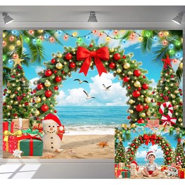 7X5ft July Christmas Backdrop Summer Xmas Tree Photography Background Snowman Arch Seagull Tropical Hawaiian Xmas Party Decoration Banner Holiday Party Photo Props