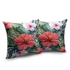 Kwlegh Hibiscus Flowers Pillow Covers Hawaiian Tropical Throw Pillow Covers 18x18 Set of 2 Monstera Palm Leaves Pillowcase Double Sided Printing Cushion Case for Patio Outdoor Sofa