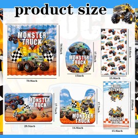 Nuanchu 6 Pcs Shower Curtain Bathroom Set with Bath Mat U Shaped Mat Toilet Cover 2 Bath Towels and 12 Hooks Bathroom Decor Set,71 x 71 Inch(Monster Truck)