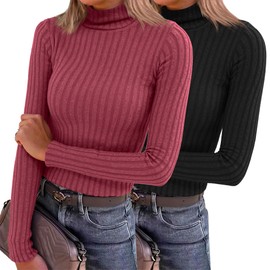 XSRYT Women's Long Sleeve Shirts 2 Pack Soft Trendy Thermal Turtleneck Undershirts Loose Fit Casual Basic Stretchy Business Tunic Tops Black, Red Small