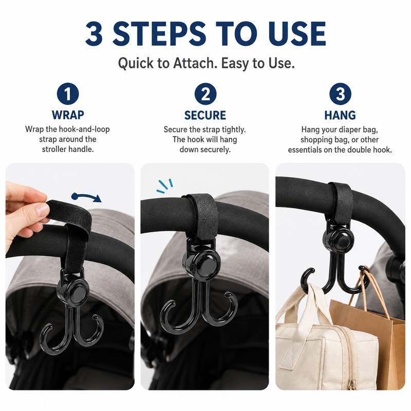 Stroller Hooks for Bags & Accessories – 360° Rotating Double