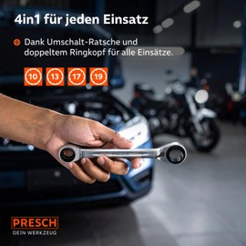 PRESCH Double Ratchet Wrench 10 13 17 19 mm - Switchable Ratchet Function - Precision Milled with 90 Teeth and 4° Return Angle - 4 Sizes in One Key - 4 in 1 Ring Ratchet Wrench