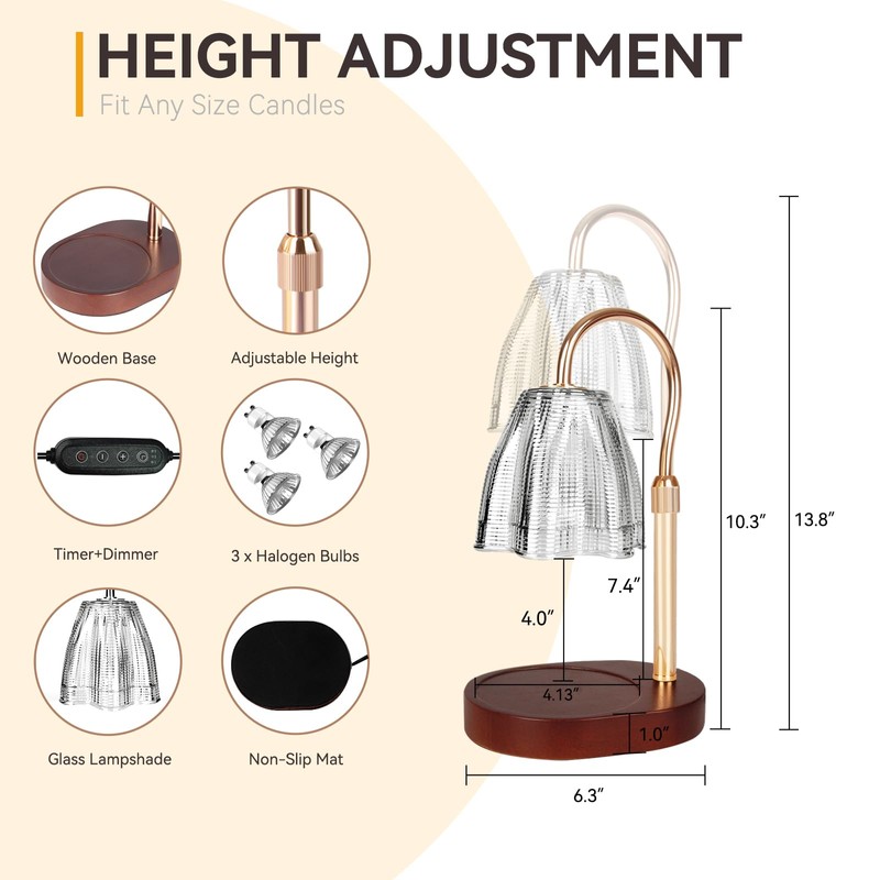 TOACSUCP Candle Warmer Lamp with 3 Bulbs, Adjustable Height Dimmable