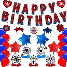 Spider Web Birthday Party Decorations,Party Supply Set for Kids with 1 Happy Birthday Banner Garland ,6 Hanging Swirls,5 Honeycomb,18 latex ballons,4 star foil ballons for Baby Shower Party supplies