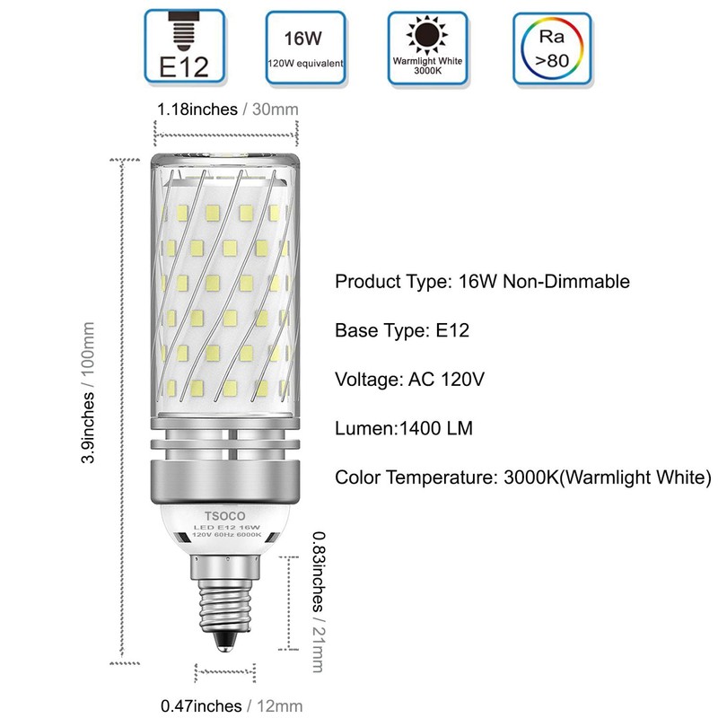 TSOCO E12 LED Bulbs,16W LED Chandelier Light Bulbs,120 Watt Equivalent,3000K