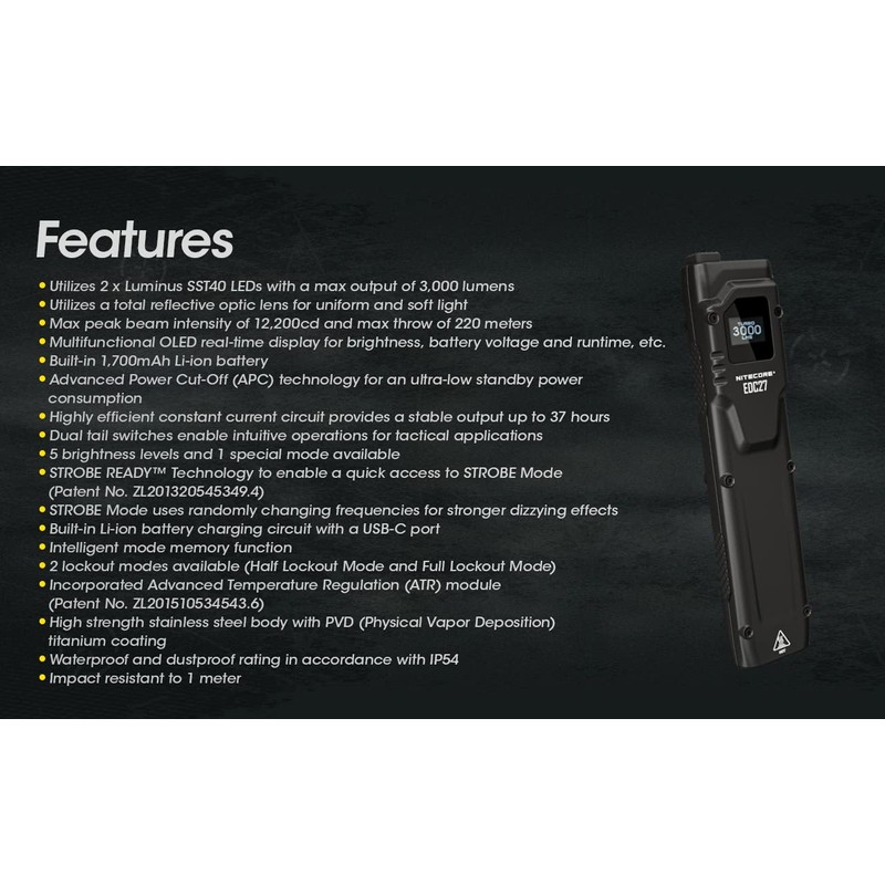 EdisonBright Nitecore EDC27 3000 Lumen USB Rechargeable slim body LED