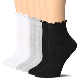 Tipi Toe Womens 6 Pairs White/Grey/Black Turn-Cuff Solid Lettuce Edge Lightweight Quarter Length Ruffle Socks, 1128-H-6