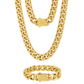 KRKC&CO Mens 12mm 18k Iced Out Cuban Link Curb Chains and Bracelets, Solid No Tarnish Necklace, Durable Street-wear Hip Hop Chains for Men