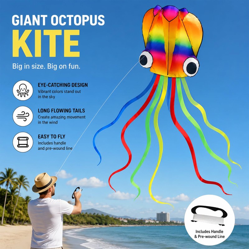 Colourful Octopus Kite with Long Tails for Family and Beach