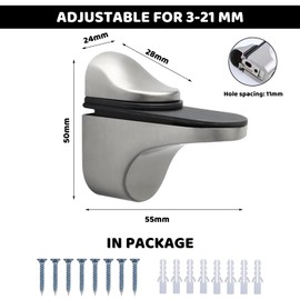 Adjustable Glass Shelf Brackets, 4Pack Glass Shelf Supports Wall Mount Metal Glass Clamp Floating Glass Shelves Brackets for Bathroom Home Office, Adaptive 3-21mm