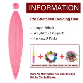 Pink Braiding Hair Pre-Stretched 26inch 3 Packs Braiding hair Extensions Synthetic Crochet Braids Hot Water Setting Professional Soft Yaki Texture(26inch(3Packs),Pink#)