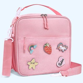 WOBAGMEN Kids Lunch Box with DIY Patch, Cute DIY Insulated Lunch Bag for Kids Boys Girls Toddlers ，Reusable Bento Lunch Box for School Daycare (Pink, straberry)