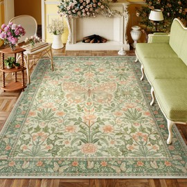 Collive 8x10 Butterfly Rugs for Living Room, Vintage Insect Girls Bedroom Area Rug Washable, Boho Floral Non Slip Large Floor Carpet for Dining Room Kids Room, Grass Green