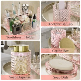 Glass Bathroom Accessories Set 5Pcs Crystal - Foaming Soap Dispenser, Soap Dish, Cup, Acrylic Toothbrush Holder with Tray Organizer, Qtip Jar, Bathroom Counter Set Sink Decor (Pink)