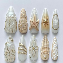 UEYRSEDB Summer Beach Press on Nails Medium Almond Fake Nails with 3D Starfish Flower Design Beach Jellyfish Shell Glue on False Nail Summer Ocean Artificial Stick on Nail for Women Girls 24Pcs